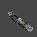 Weathered Ship With Blue And Brown Hull Mast And Deck Equipment