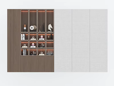 Contemporary Wooden Bookcase with Multiple Shelves Holding Decorative Items Books and Tea Sets 3d model