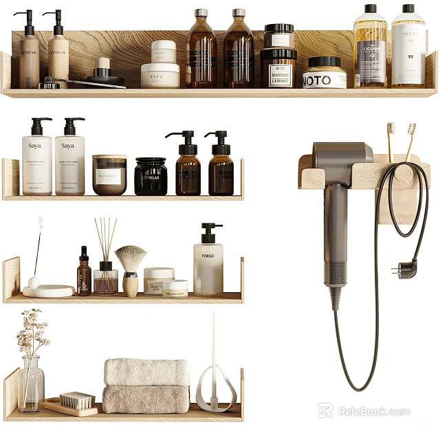 Organized Bathroom Daily Essentials With Wooden Shelves Bottles Towel And Hair Dryer 3d model 