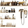 Organized Bathroom Daily Essentials With Wooden Shelves Bottles Towel And Hair Dryer
