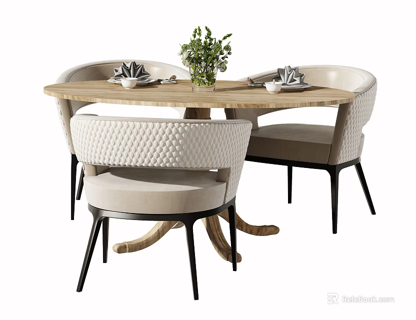 Elegant Dining Table Set with Wooden Tabletop Light Colored Chairs Black Legs and Potted Plant 3d model 