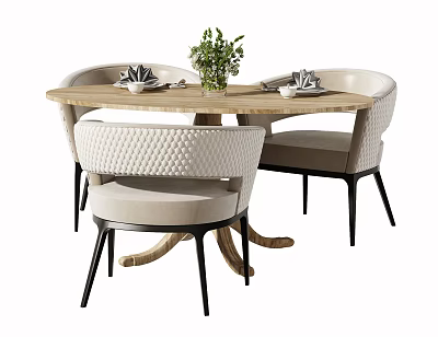 Elegant Dining Table Set with Wooden Tabletop Light Colored Chairs Black Legs and Potted Plant 3d model