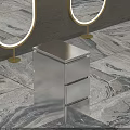 Stainless Steel Cabinet With Drawers On Marble Floor And Round Mirrors With Golden Stands