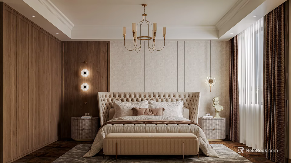 Elegant Modern Bedroom Interior With Tufted Bed Chandelier Wall Sconces And Plush Rug 3d model 