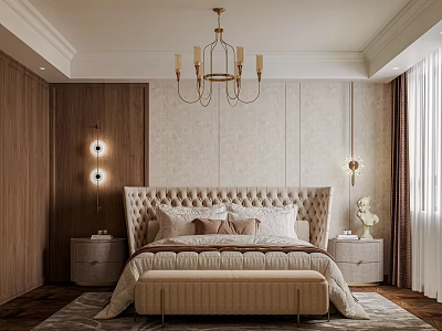 Elegant Modern Bedroom Interior With Tufted Bed Chandelier Wall Sconces And Plush Rug 3d model