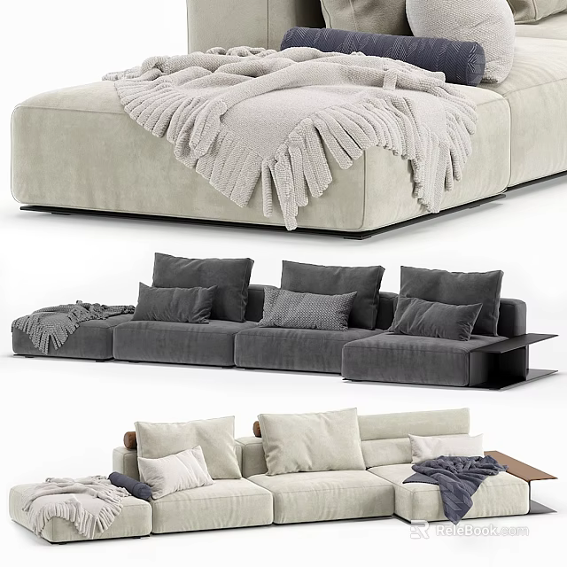 Modern Sectional Sofa With Plush Cushions Decorative Pillows And Cozy Throw Blanket Style 3d model 