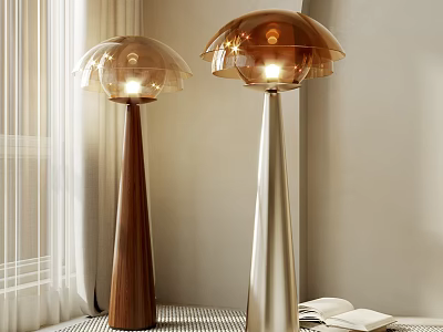 Wooden And Metallic Floor Lamps With Amber Shades In Cozy Living Space 3d model