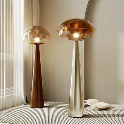 Wooden And Metallic Floor Lamps With Amber Shades In Cozy Living Space 3d model