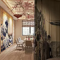 Traditional Japanese Dining Interior Featuring Cherry Blossom Decor Great Wave Mural Shoji Doors And Wooden Furniture
