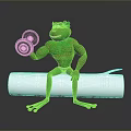 3D Cartoon Muscular Green Frog Lifting Dumbbell Sitting On White Roll With Gray Background