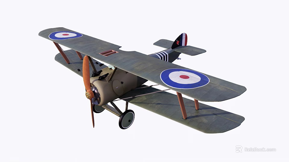 Vintage Biplane Model With Double Wings Blue White Roundels And Wooden Propeller 3d model 