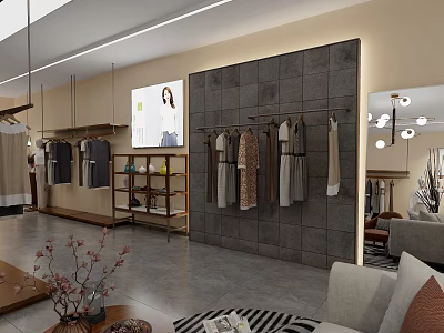 Elegant Modern Clothing Store Interior With Hanging Clothes Display Racks And Sofa 3d model