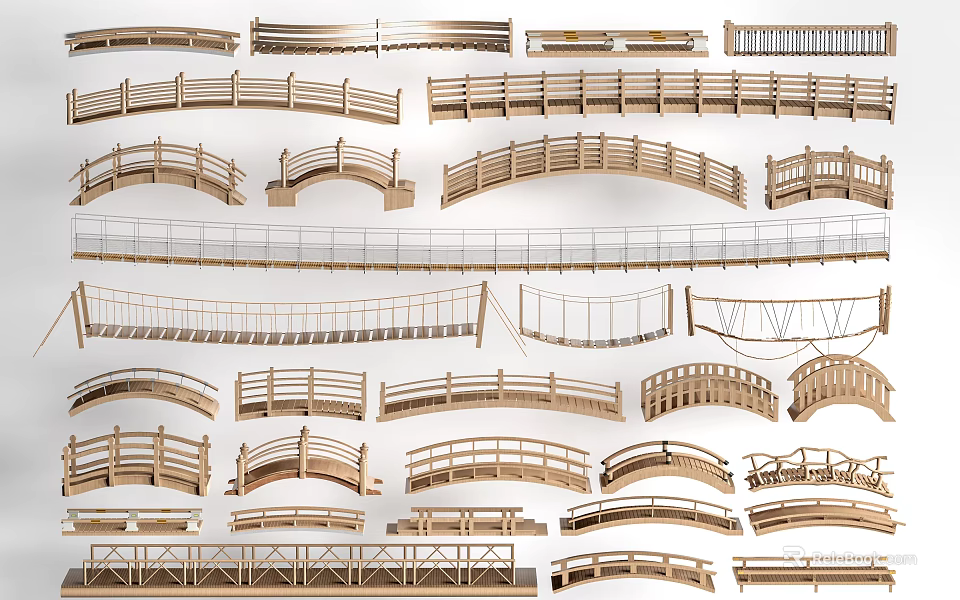 Assorted Wooden Landscape Bridge Designs Featuring Curved And Straight Shapes With Railings 3d model 