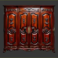 Traditional Red Four Door Carved Cabinet With Intricate Floral Designs And Brass Handles