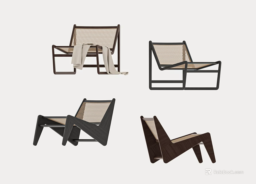 Modern Leisure Chairs With Mesh Backrest And Wooden Frame In Black And Brown Tones 3d model 