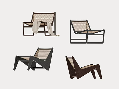 Modern Leisure Chairs With Mesh Backrest And Wooden Frame In Black And Brown Tones 3d model