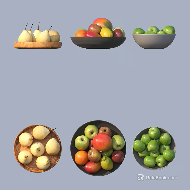Assorted Fresh Fruits Display Pears Apples And Green Apples In Different Bowls 3d model 