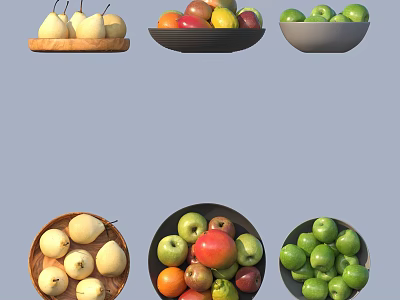 Assorted Fresh Fruits Display Pears Apples And Green Apples In Different Bowls 3d model