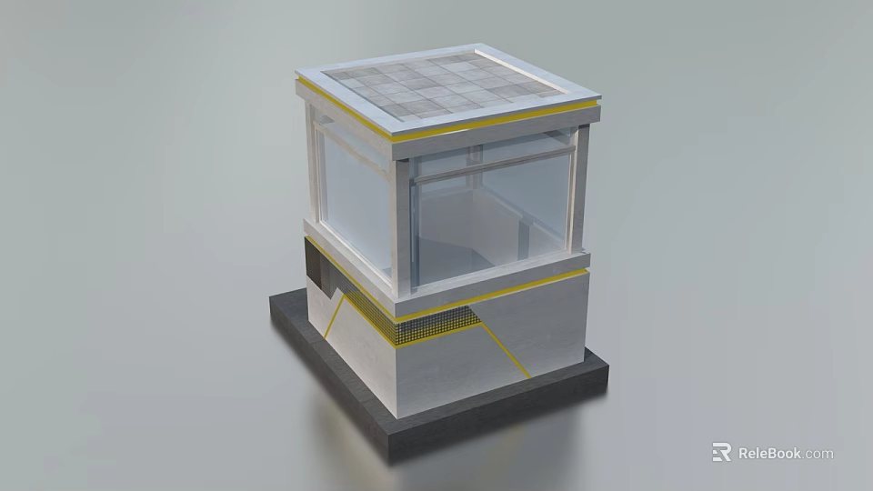 Modern Small Security Booth With Transparent Glass Walls Grille Roof Yellow Trim And Gray Base 3d model 