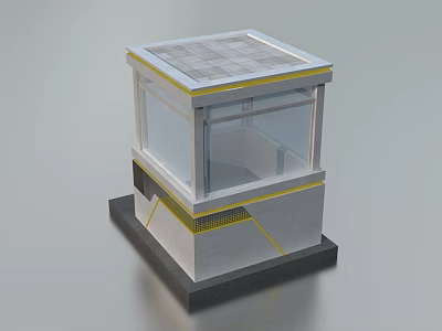 Modern Small Security Booth With Transparent Glass Walls Grille Roof Yellow Trim And Gray Base 3d model