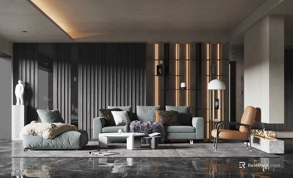 Modern Living Room Sofa Coffee Table Set With Gray Upholstery Throw Pillows And Accent Chair 3d model 