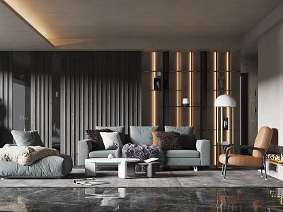 Modern Living Room Sofa Coffee Table Set With Gray Upholstery Throw Pillows And Accent Chair 3d model