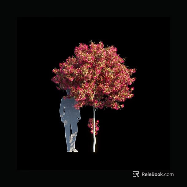 Tree With Pink And Green Leaves White Trunk And Human Silhouette On Black Background 3d model 