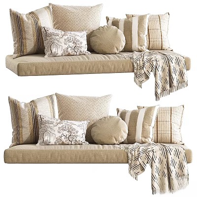 Decorative Striped Patterned And Round Linen Pillows On Beige Sofa With Throw Blanket 3d model