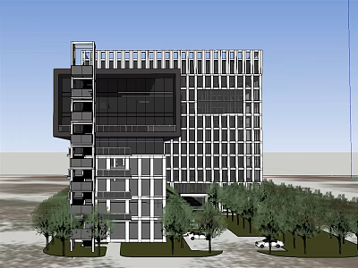 Modern Office Building Featuring Glass Facade Multi Story Design And Landscaped Area With Trees 3d model