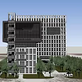 Modern Office Building Featuring Glass Facade Multi Story Design And Landscaped Area With Trees