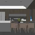 Modern Dining Area Interior With Dark Cabinets Island Counter Dining Table Chairs And Green Plant