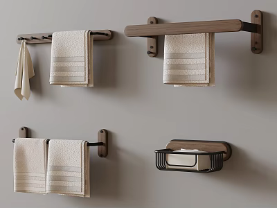 Modern Bathroom Accessories With Wooden Towel Racks Hanging Towels And Metal Tissue Box 3d model