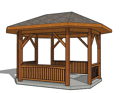 Wooden Gazebo Structure Featuring Shingle Roof Wooden Pillars And Concrete Base 3d model