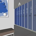Kids Desk In Children's Activity Room With Blue Numbered Lockers And Decorative Painting