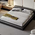 Modern Double Bed with Black Leather Frame White Striped Bedsheets and Gold Quilt