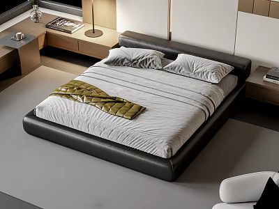 Modern Double Bed with Black Leather Frame White Striped Bedsheets and Gold Quilt 3d model