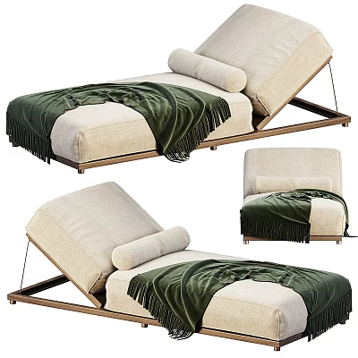 Modern Minimalist Lounge Chair With Beige Fabric Cushion Wooden Frame And Dark Green Fringed Throw 3d model