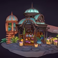Enchanted Cartoon Greenhouse Scene With Wooden Gazebo And Potted Plants