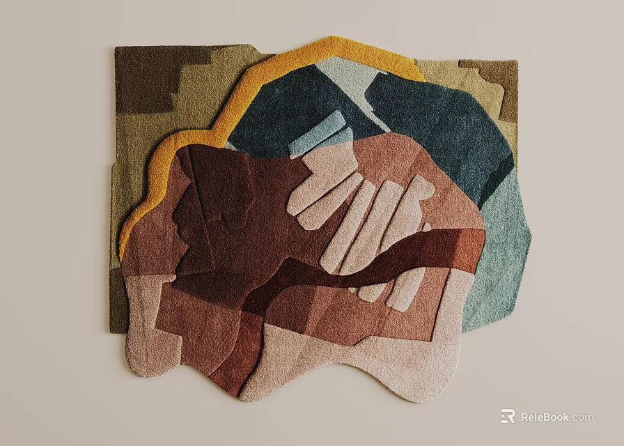 Modern Abstract Shaped Rug With Multicolor Brown Blue Yellow Layered Geometric Patterns For Home Decor 3d model 