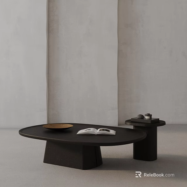 Minimalist Black Coffee Table Set With Round Table Open Book Brown Plate And Side Table 3d model 