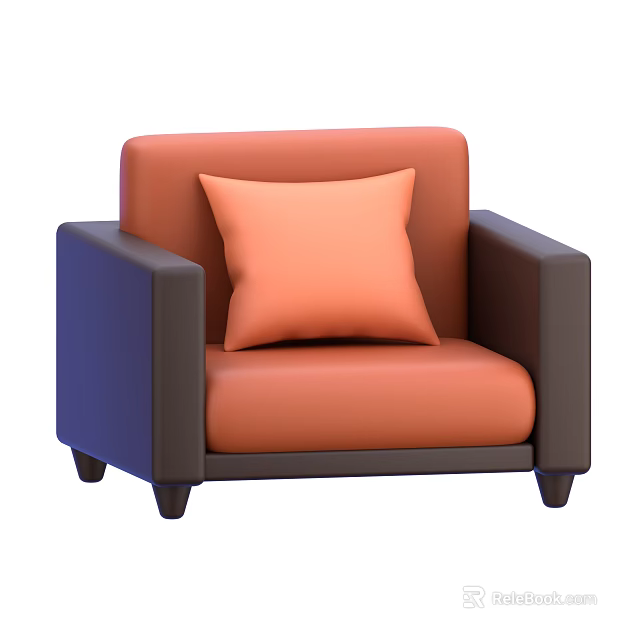 Modern Comfortable Orange Single Sofa With Brown Armrests And Decorative Pillow 3d model 