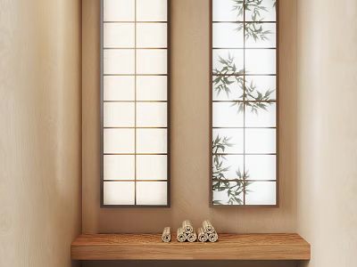 Public Facility Featuring Vertical Lattice Windows Bamboo Leaf Patterns And Wooden Bench With Small Decorations 3d model