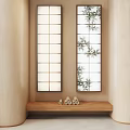 Public Facility Featuring Vertical Lattice Windows Bamboo Leaf Patterns And Wooden Bench With Small Decorations 3d model