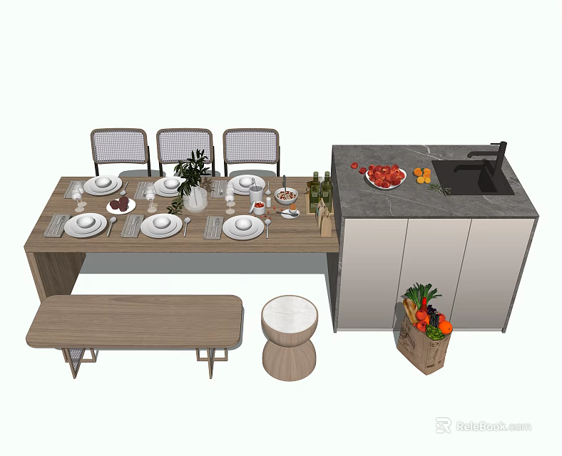 Dining Table Set With Chairs Bench Stool Tableware Plants Counter With Sink And Fruits 3d model