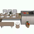Dining Table Set With Chairs Bench Stool Tableware Plants Counter With Sink And Fruits 3d model