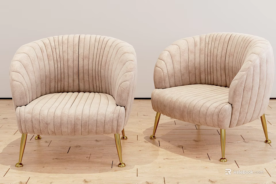 Light Beige Velvet Vertical Striped Modern Armchair With Gold Metal Legs And Elegant Design 3d model 