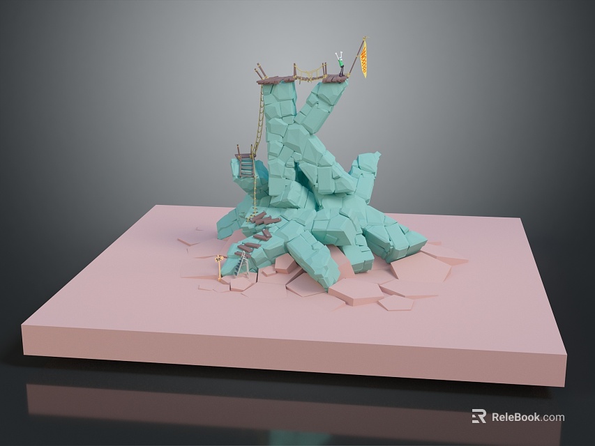 Stunning Blue Rock Landscape With Cracked Ground And Flag On Pink Platform 3d model 