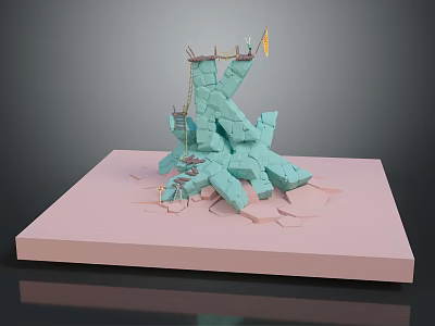 Stunning Blue Rock Landscape With Cracked Ground And Flag On Pink Platform 3d model