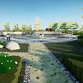 Scenic Park Landscape With Circular Fountain Surrounding Trees Stone Benches And People