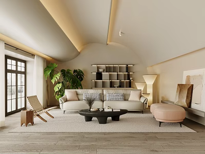 Bright Modern Sofa Set in Living Room With Plants Bookshelf Floor Lamp and Ottoman 3d model